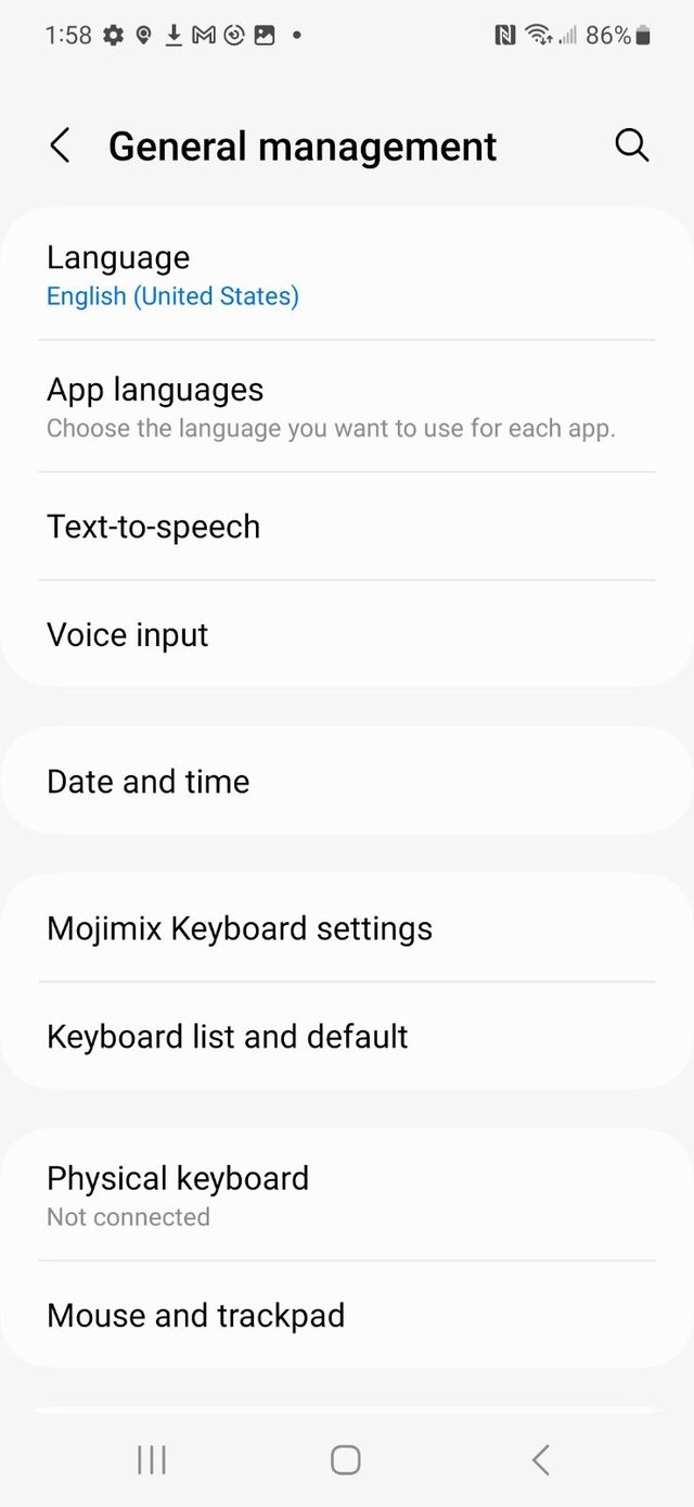 Android Settings, General management, showing Keyboard list and default