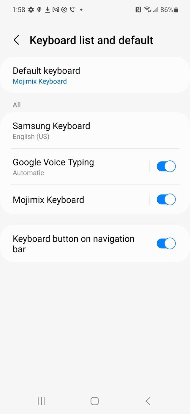 The Keyboard list and default screen with Mojimix Keyboard switched on and set as default