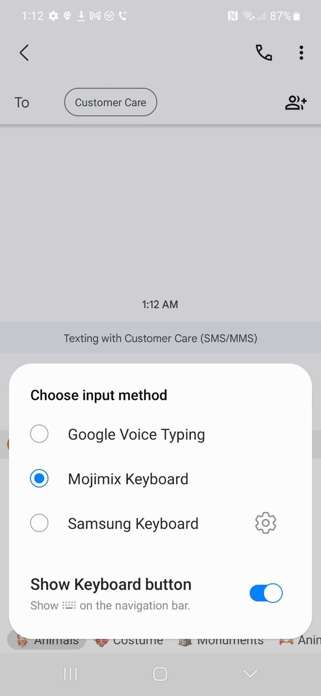 The Choose input method dialog with Mojimix Keyboard selected