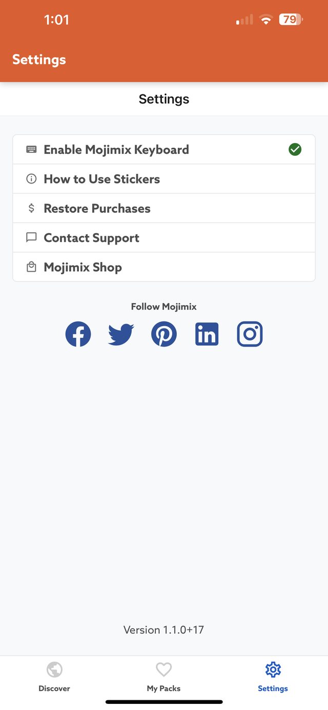 The Mojimix app’s Settings tab, with Enable Mojimix Keyboard at the top