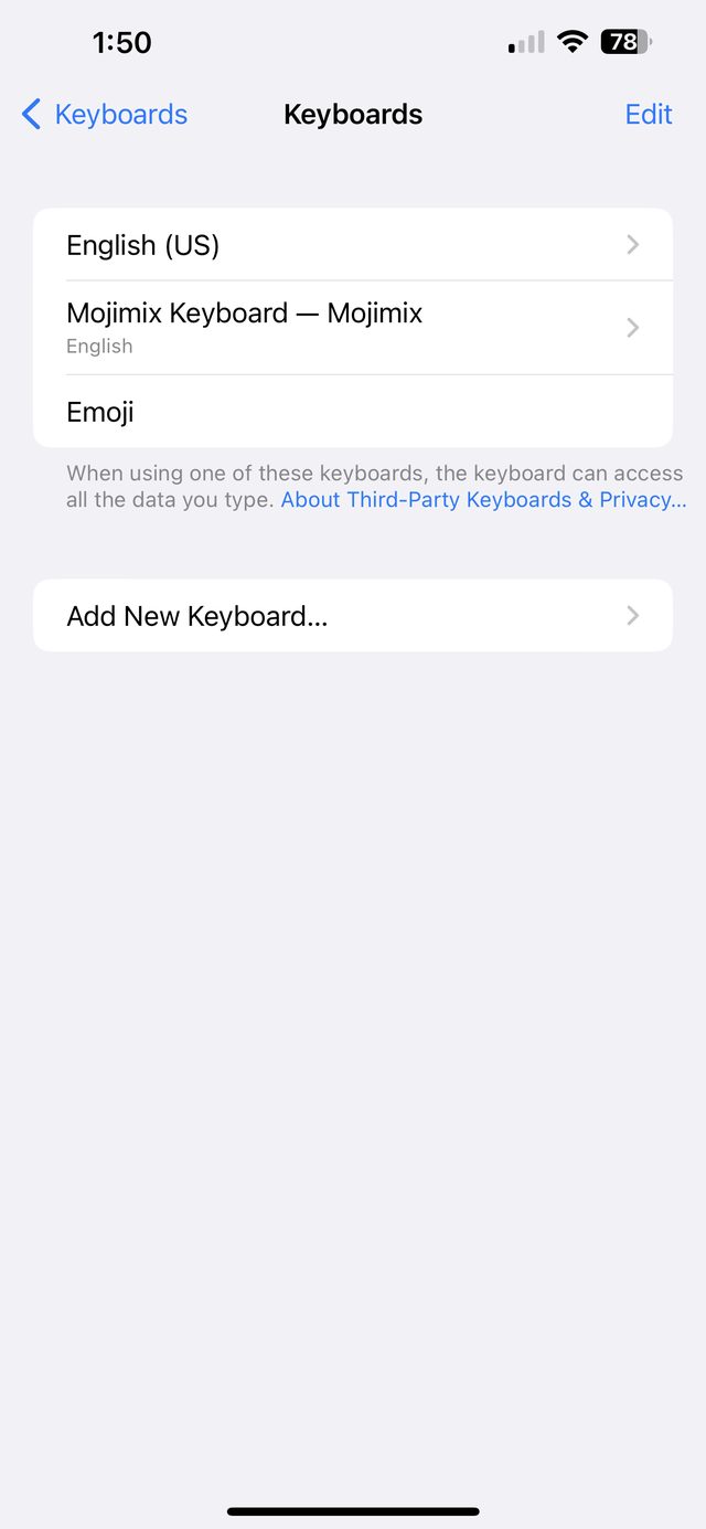 The iOS Keyboards list showing Mojimix Keyboard added