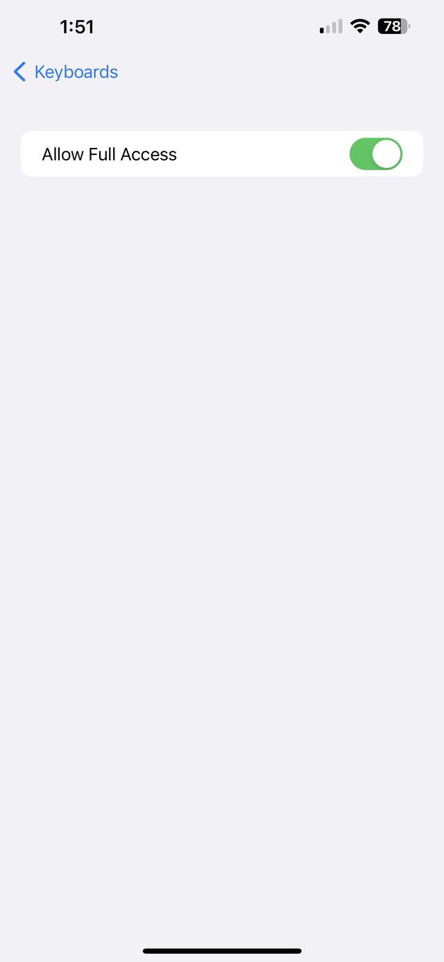 The Allow Full Access toggle switched on for Mojimix Keyboard
