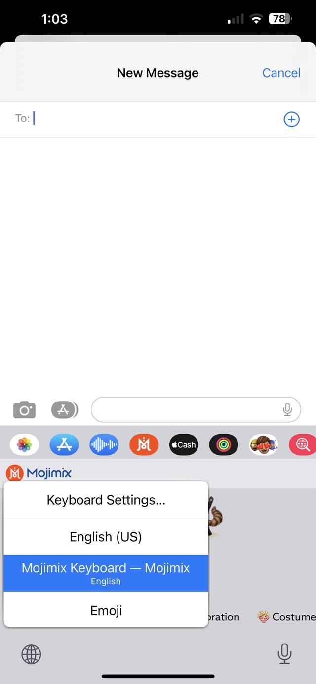 Holding the globe key to switch to Mojimix Keyboard