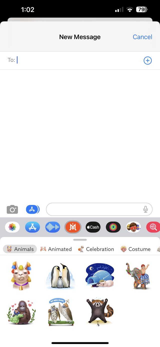 Mojimix sticker packs open in Messages, with the pack tabs along the bottom