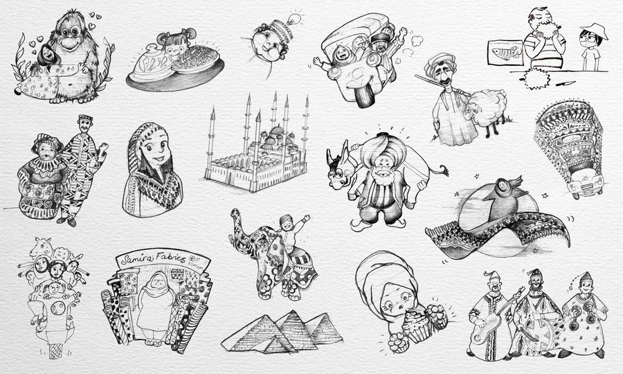 A sheet of hand-drawn sketches of cultural icons from around the world